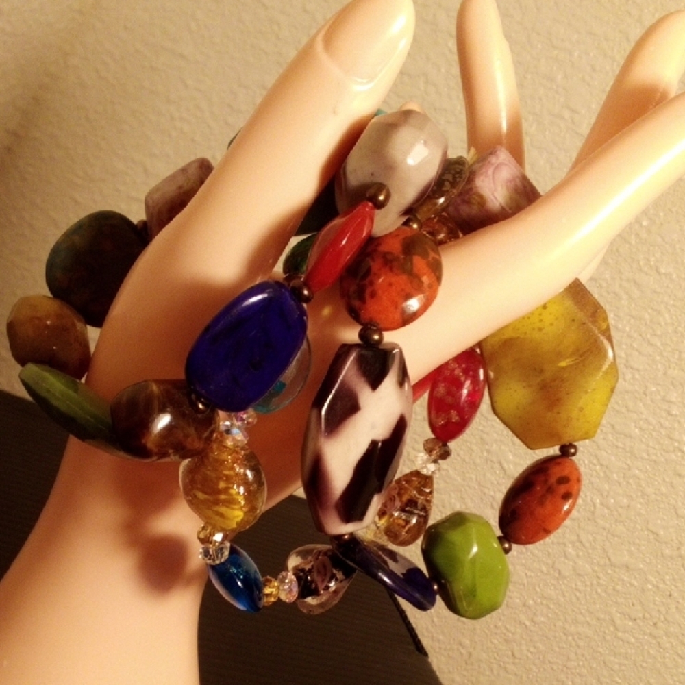 Multicolor Beaded Stretch Bracelet Set - Vibrant Mixed Stone Look - Picture 2 of 5